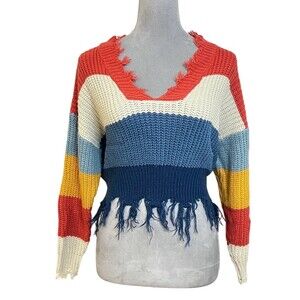 Coco + Jaimeson Cropped Stripped Sweater S Multicolor Fringe Hem Spring Cozy